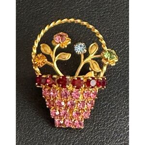 Vintage Rhinestone Flower Basket Brooch UV Reactive Pink Red Floral Spring